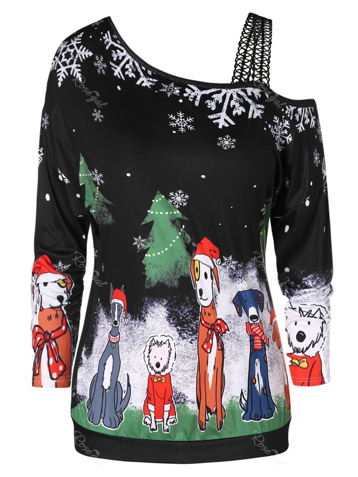 

Christmas Plus Size Open Shoulder Snowflake Dog Print T-shirt, Black