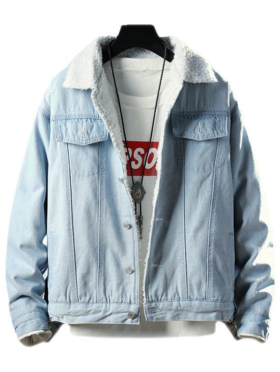 

Fluffy Faux Fur Button Fly Denim Jacket, Light blue