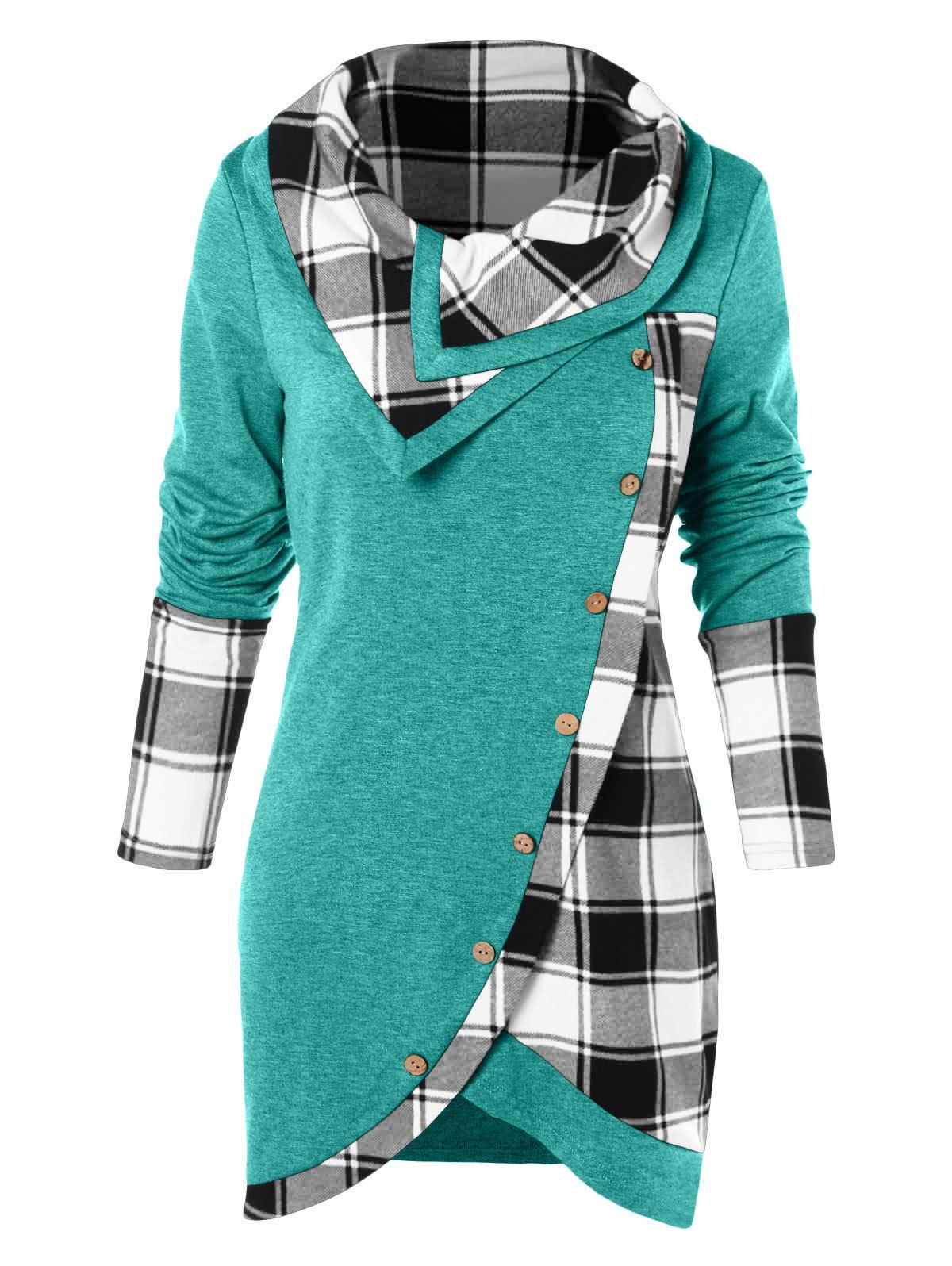 

Tartan Panel Long Sleeve Asymmetrical T-shirt, Blue hosta
