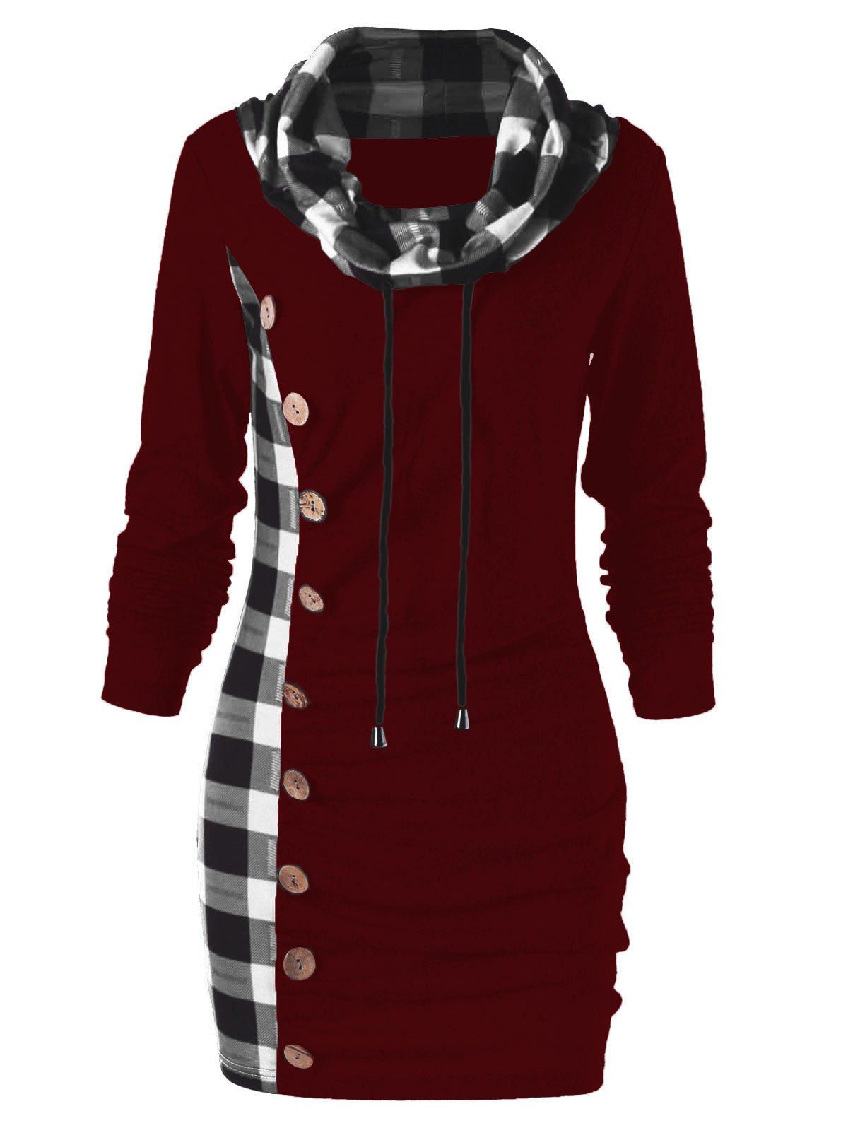 

Plaid Trim Cowl Neck Tunic Sweatshirt Dress, Red wine