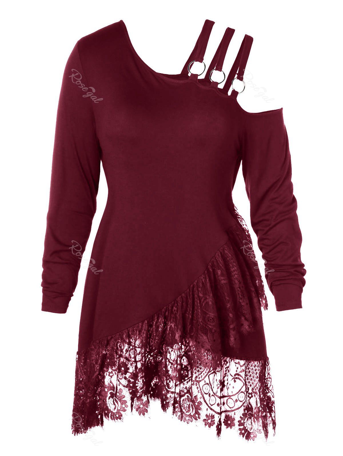 

Plus Size Lace Irregular Hem T-shirt, Red wine