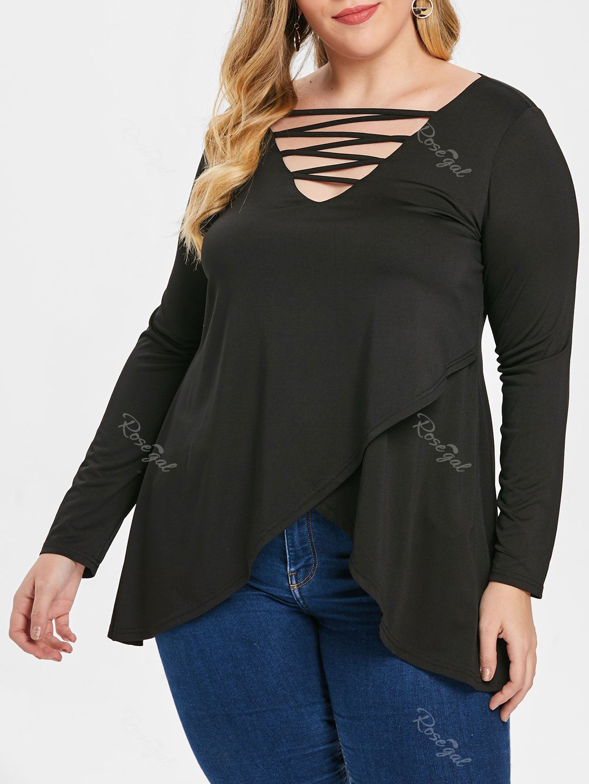 

Criss Cross Plus Size Front Slit T-shirt, Black