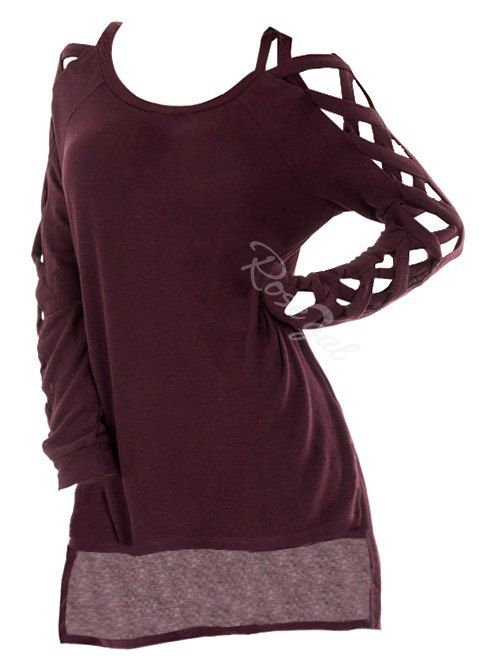 

Criss Cross Long Sleeve Plus Size High Low T-shirt, Red wine