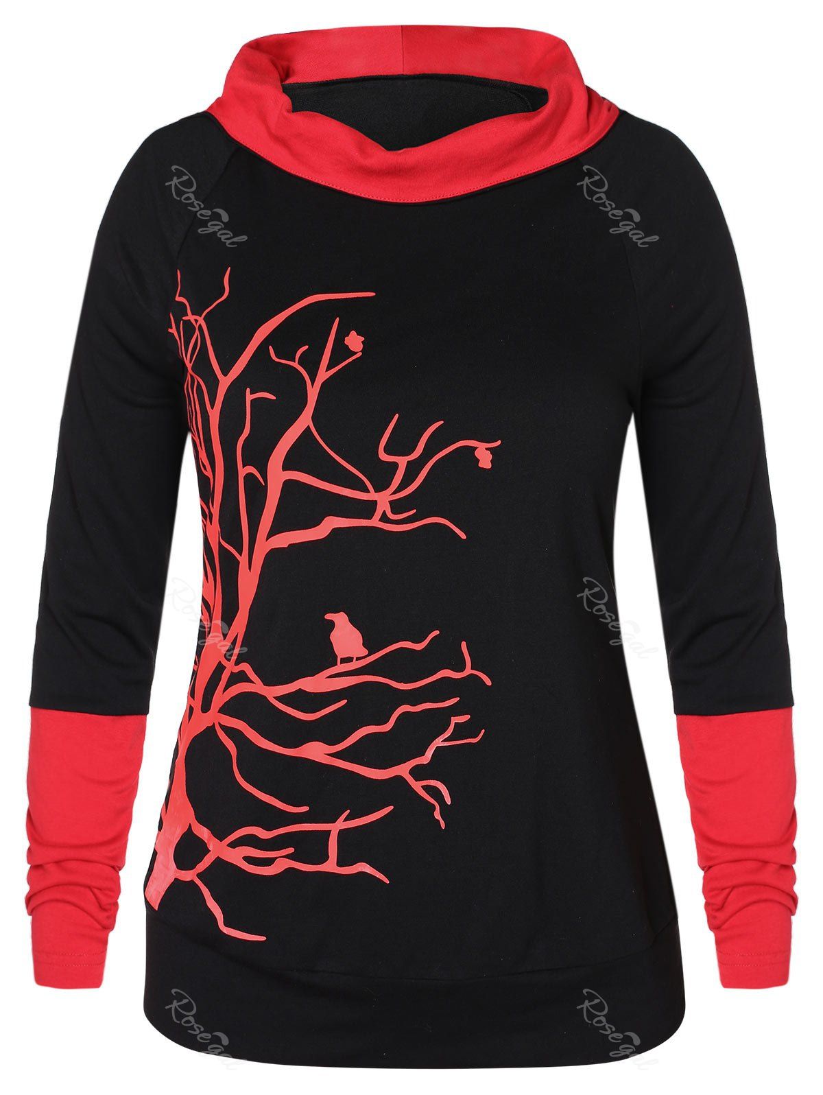 

Plus Size Hit Color Raglan Sleeve Branch Print Hoodie, Black