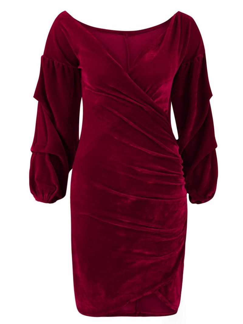 

V Neck Wrap Ruched Bodycon Dress, Red wine