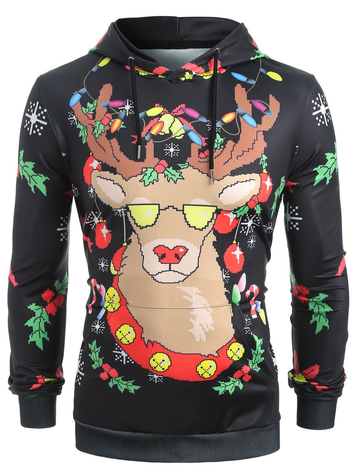 

Long Sleeve Elk Print Christmas Hoodie, Black