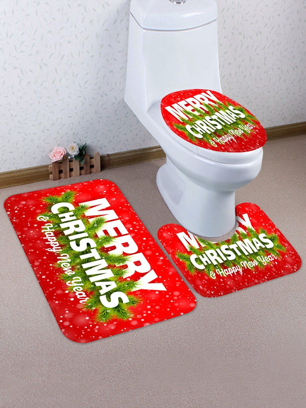 50 Off Merry Christmas Greeting Pattern 3 Pcs Toilet Mat Set