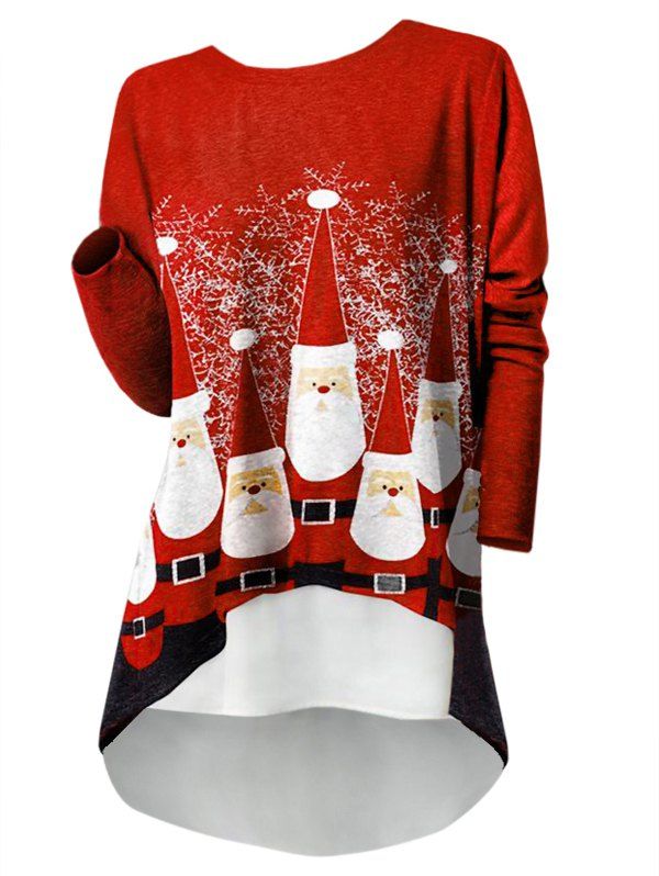 

Santa Claus Print High Low Christmas T-shirt, Red