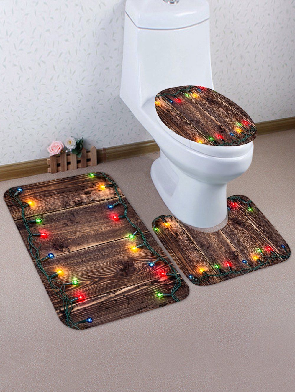 

Christmas Light Wooden Pattern 3 Pcs Bathroom Toilet Mat, Brown bear