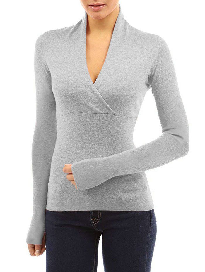 

Wrap Plunging Neck Plain T Shirt, Gray