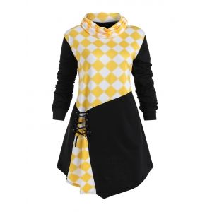 

Plaid Panel Plus Size Lace Up T-shirt, Black