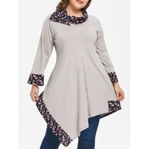 

Plus Size Turn Down Collar Printed Hem T-shirt, Gray