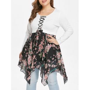 

Plus Size Lace Up Floral Handkerchief T-shirt, White