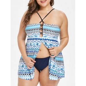 

Geometric Pattern Plus Size Tankini Set, Light sky blue