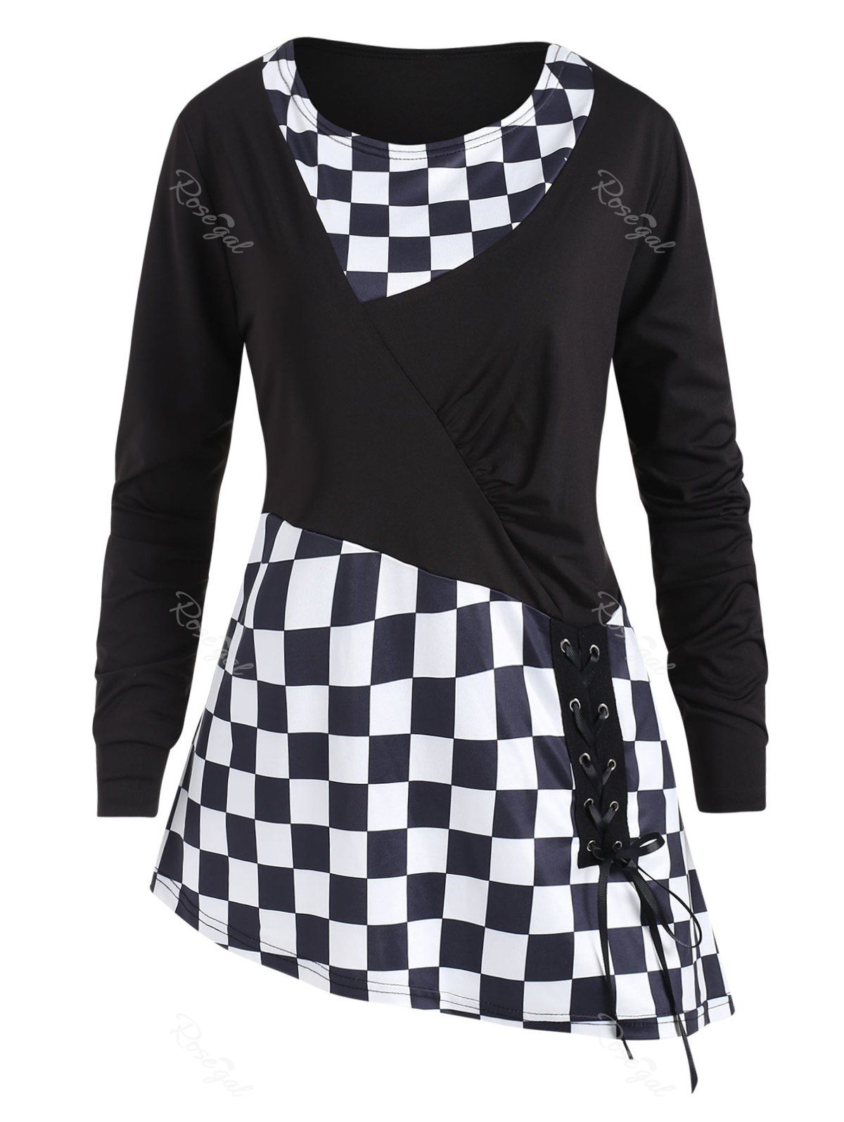 

Gingham Panel Plus Size Round Neck T-shirt, Black