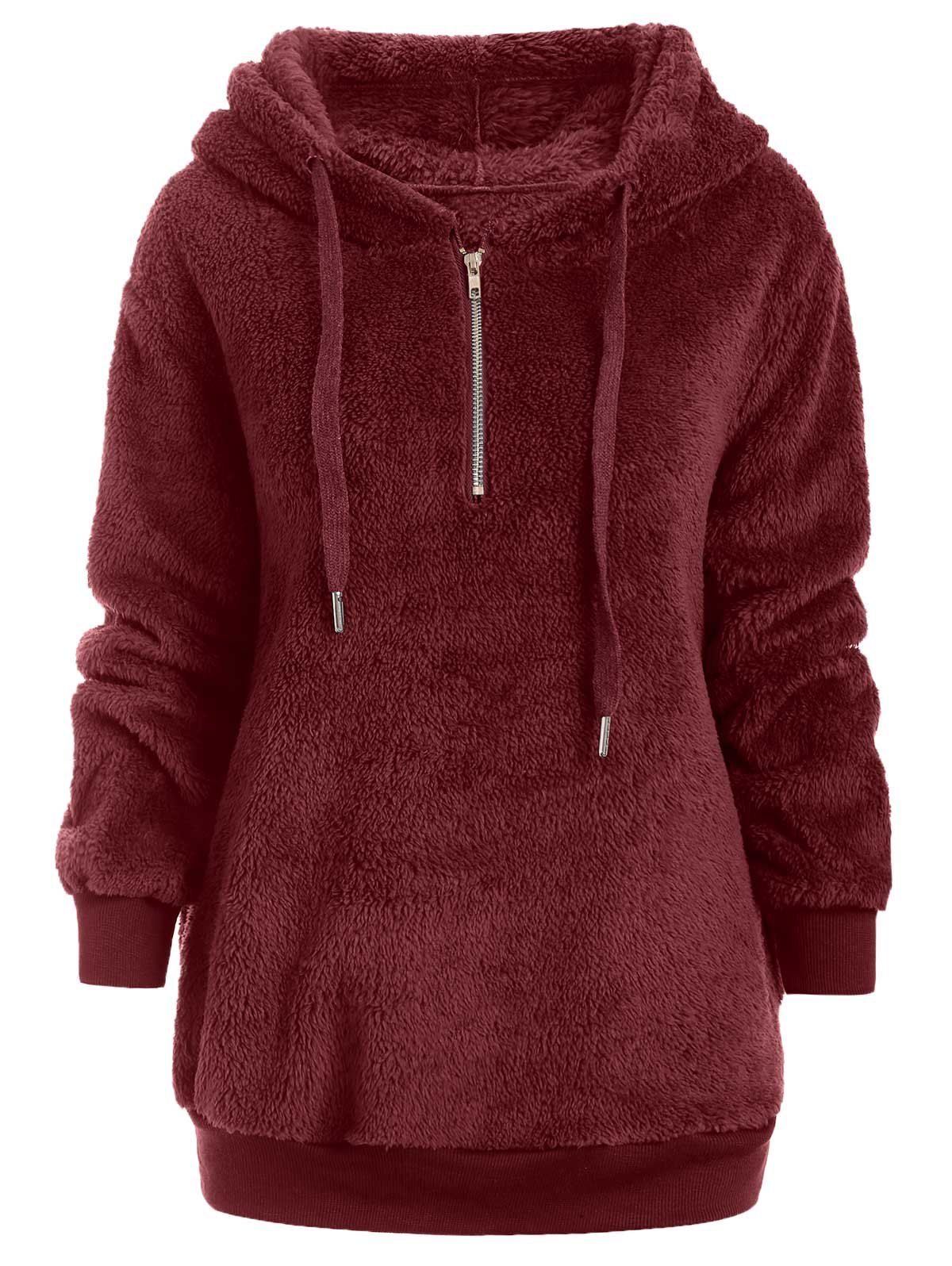 

Half Zipper Drawstring Fluffy Hoodie, Red wine