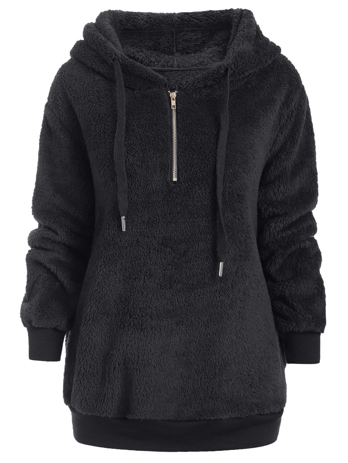 

Half Zipper Drawstring Fluffy Hoodie, Black