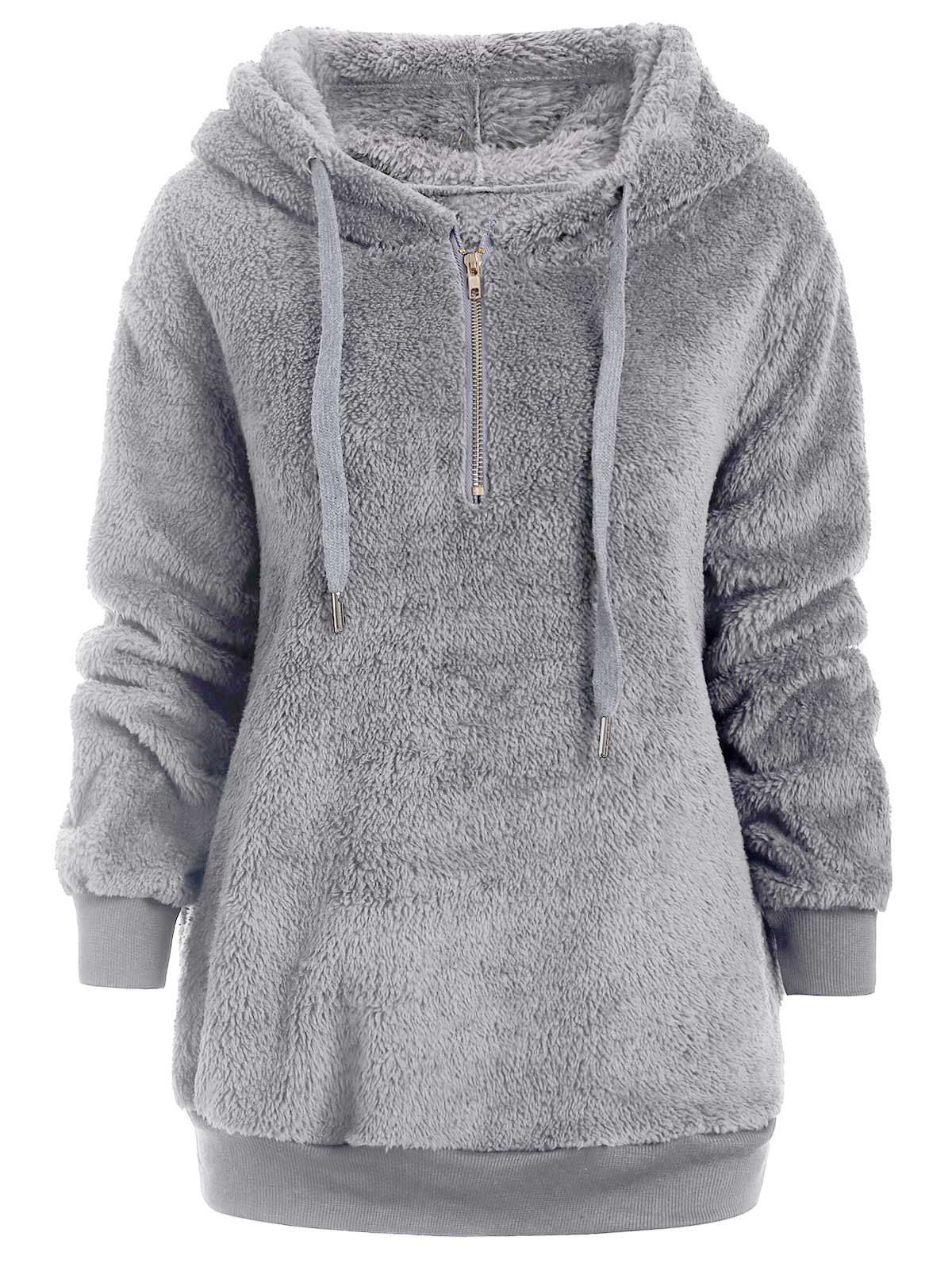 

Half Zipper Drawstring Fluffy Hoodie, Light gray