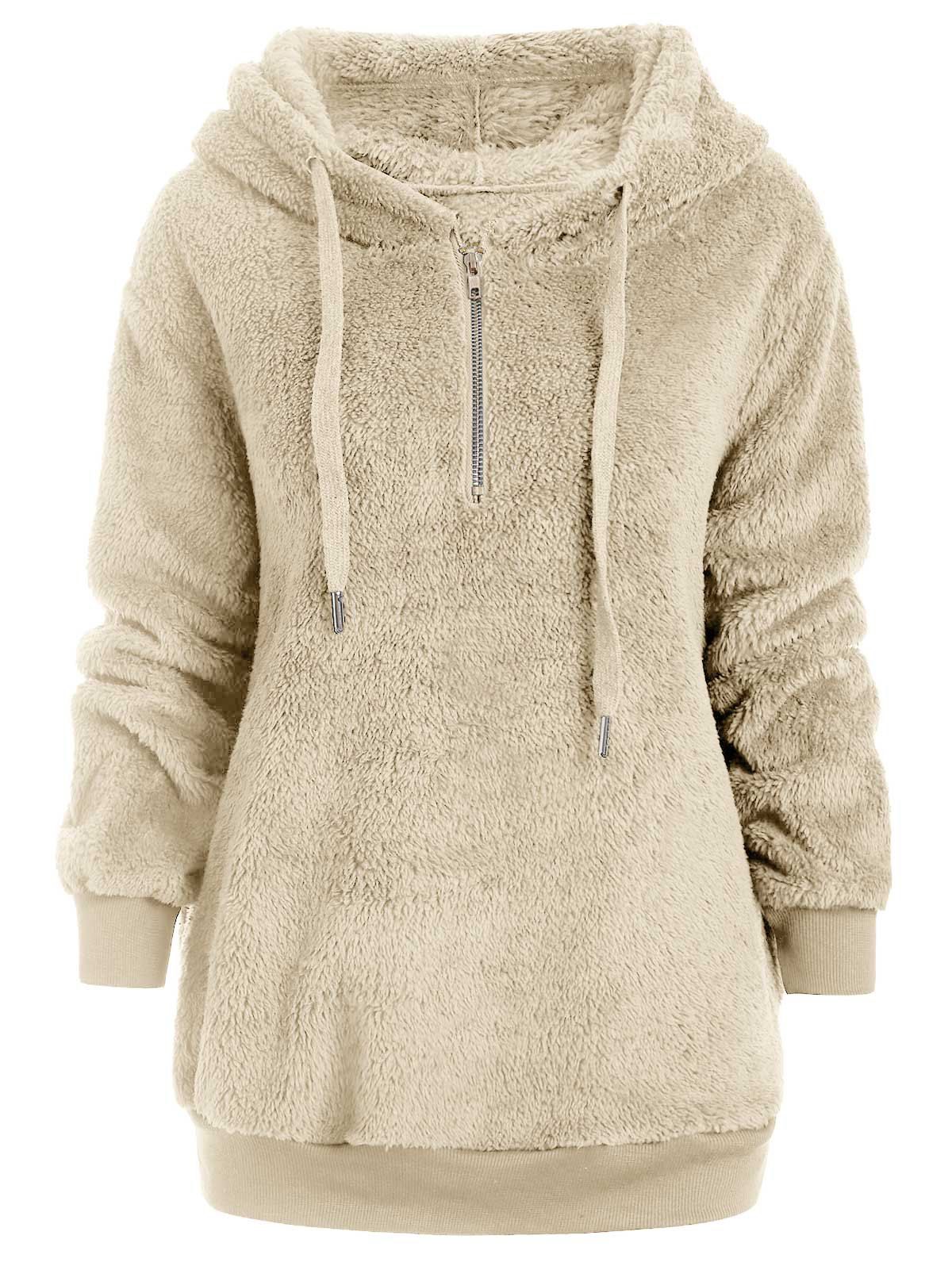

Half Zipper Drawstring Fluffy Hoodie, Beige