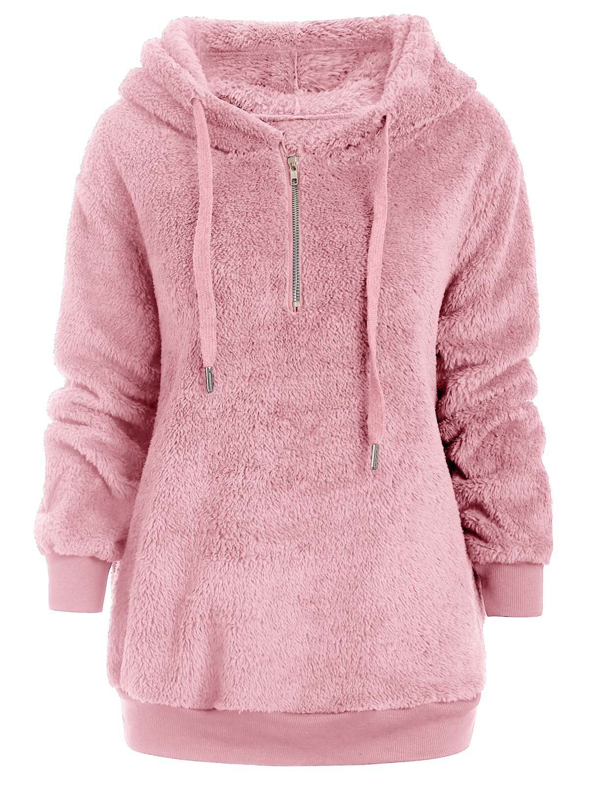 

Half Zipper Drawstring Fluffy Hoodie, Pig pink