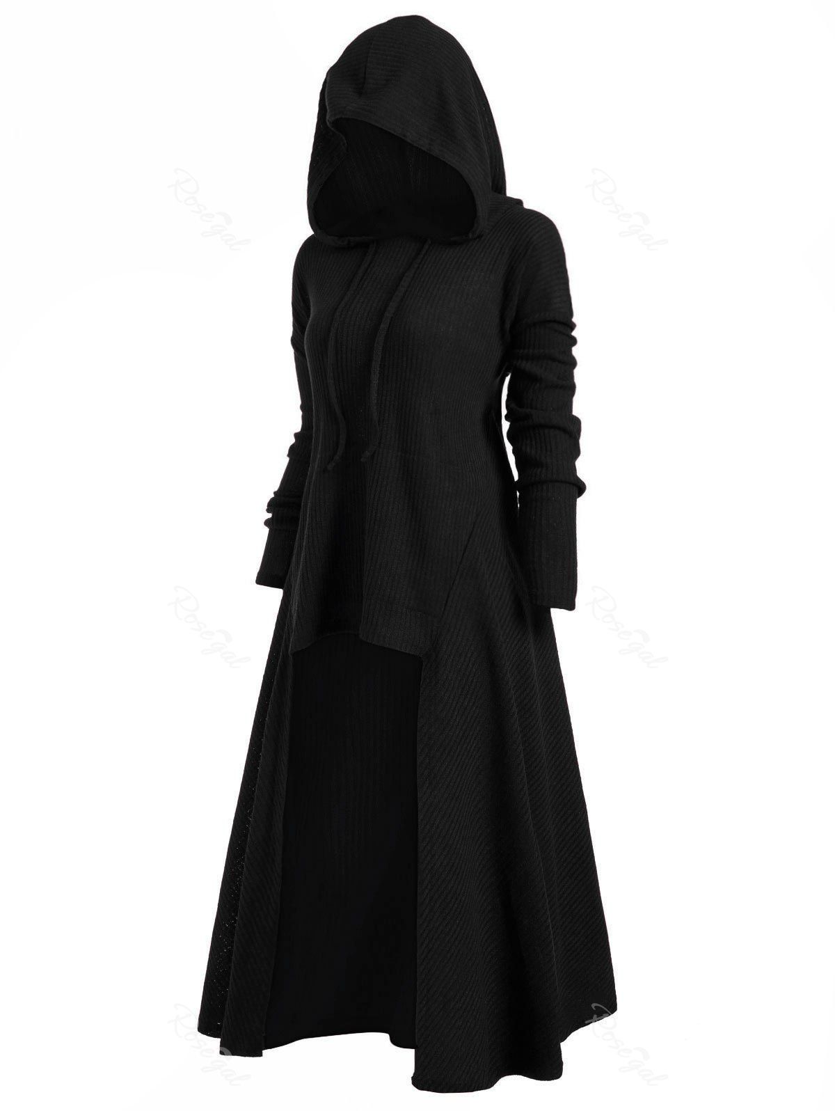 

Drawstring Plus Size Hooded Ribbed Sweater, Black