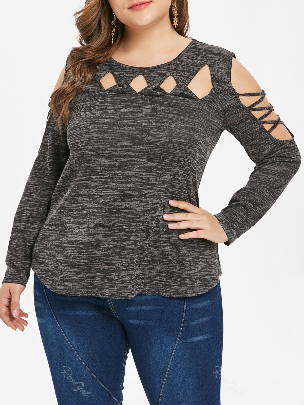 

Plus Size Cut Out Criss Cross Open Shoulder T-shirt, Smokey gray