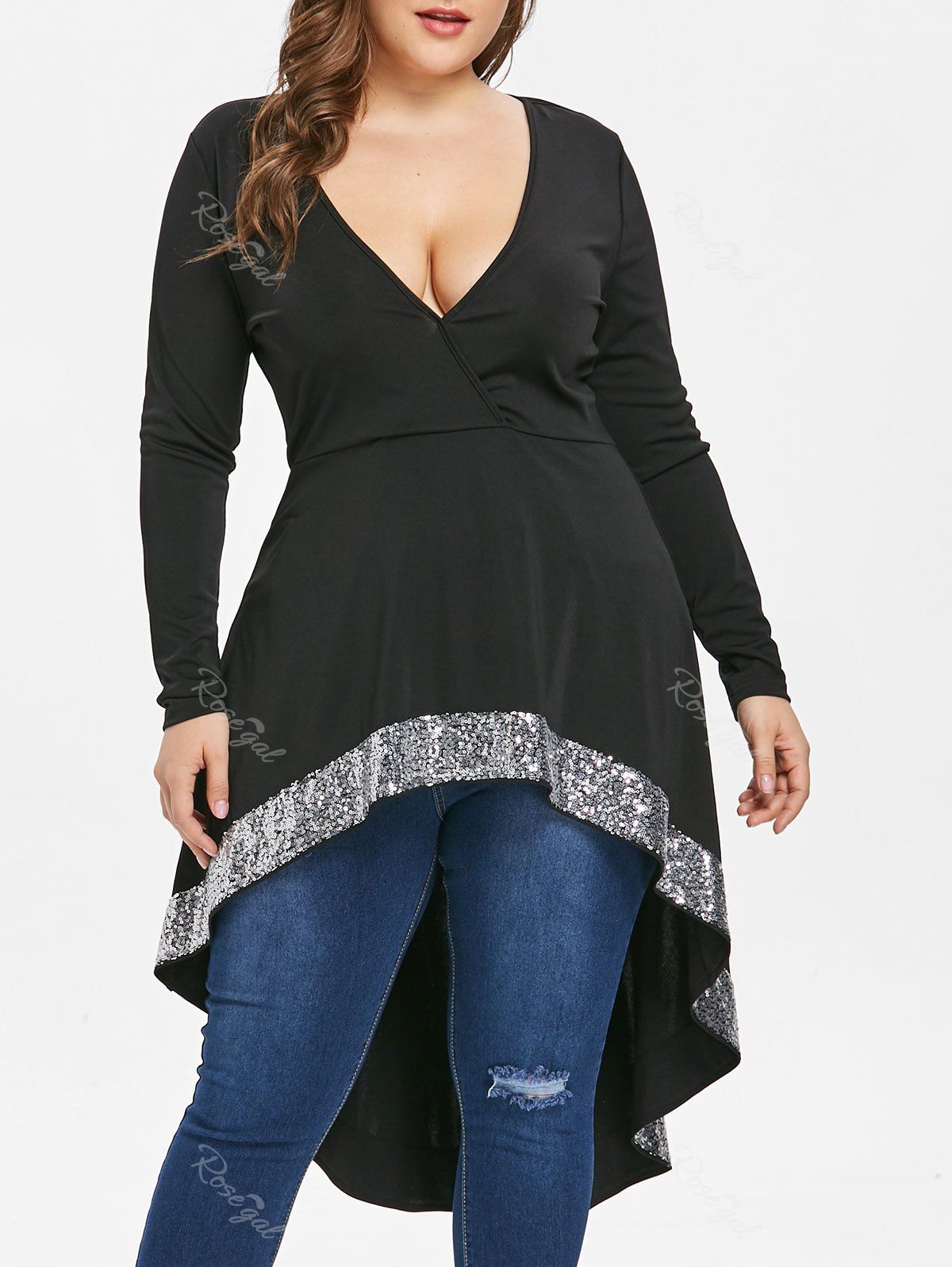 

Plus Size Sequin High Low Surplice T-shirt, Black