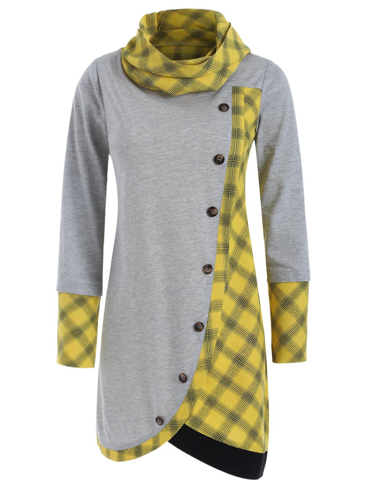 

Plaid Panel Long Sleeve Asymmetrical T-shirt, Yellow