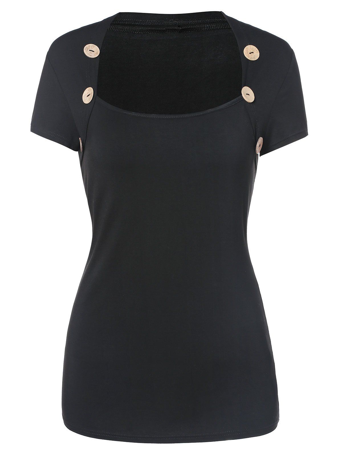

Button Square Neck T Shirt, Black