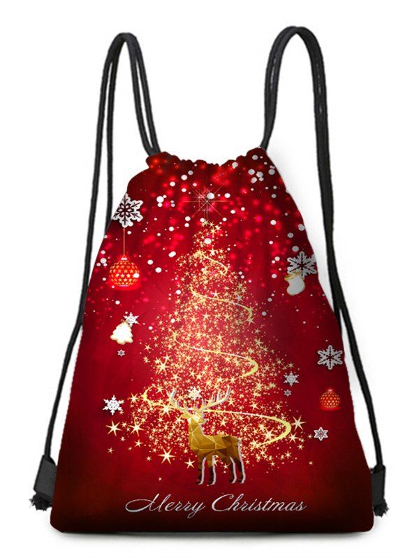 

Merry Christmas Tree Deer Drawstring Christmas Gift Bag, Red wine