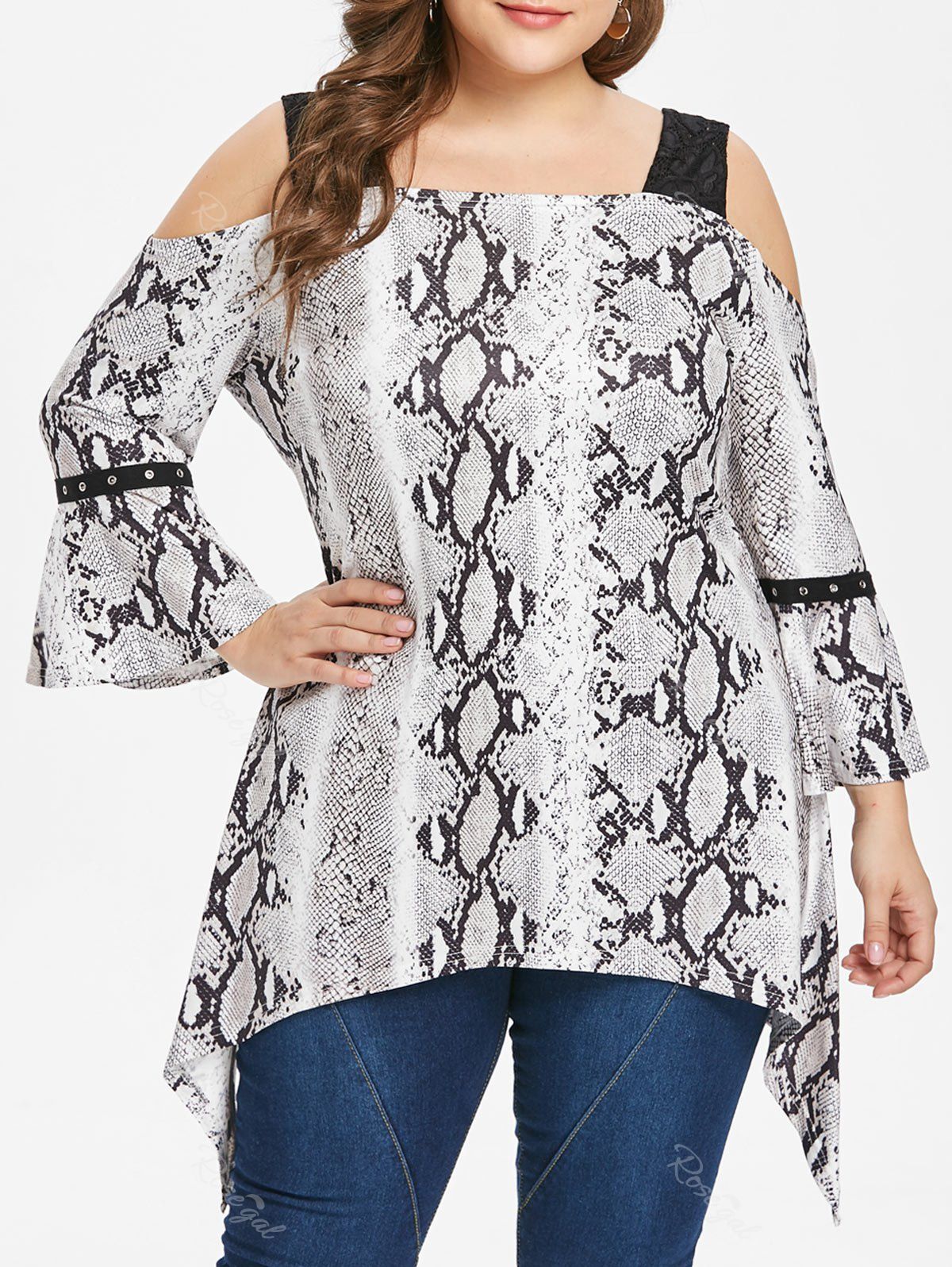 

Flare Sleeve Plus Size Snakeskin Print T-shirt, Black