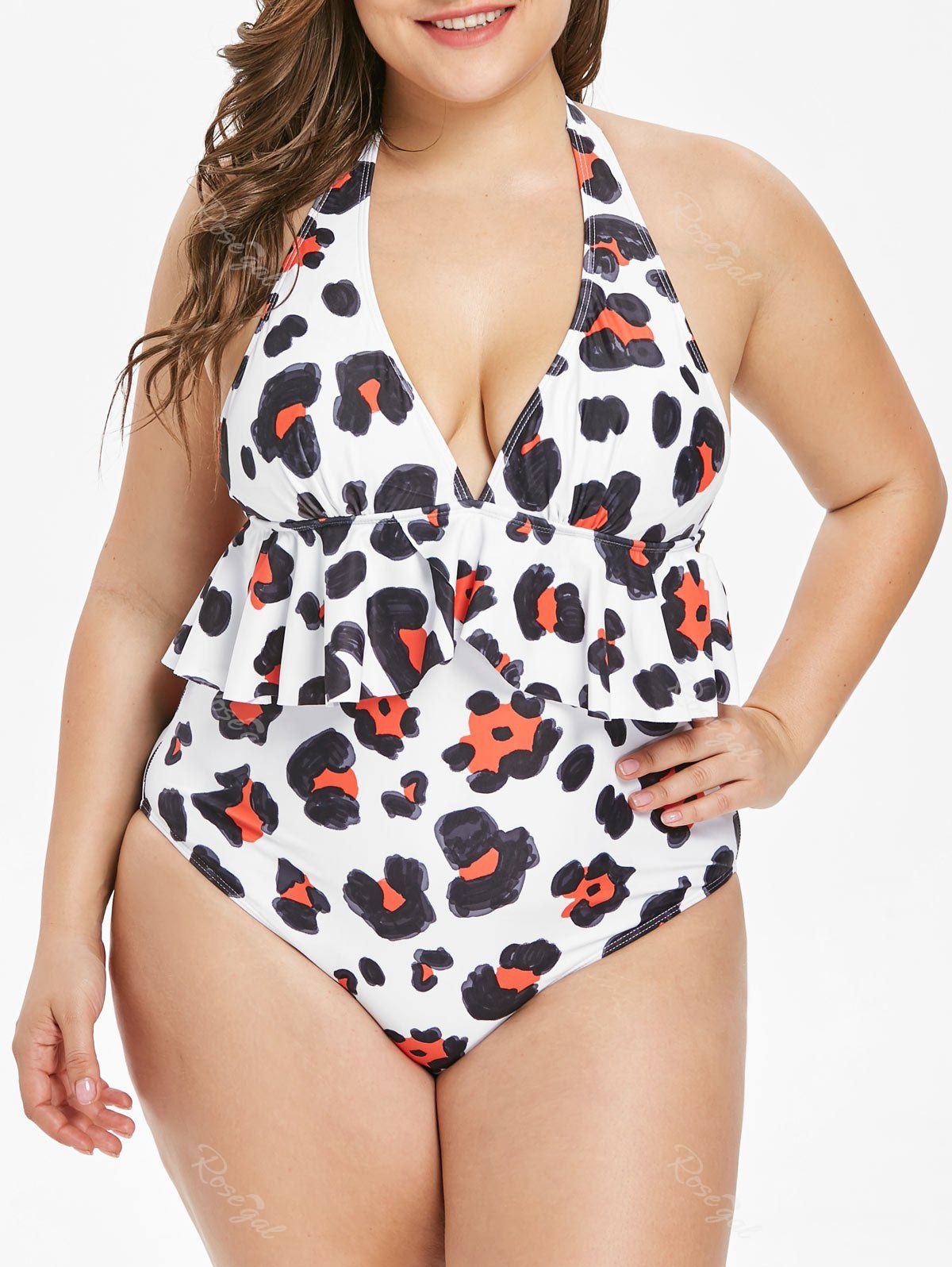 

Ruffle Trim Halter Neck Plus Size Printed Swimwear, Multi