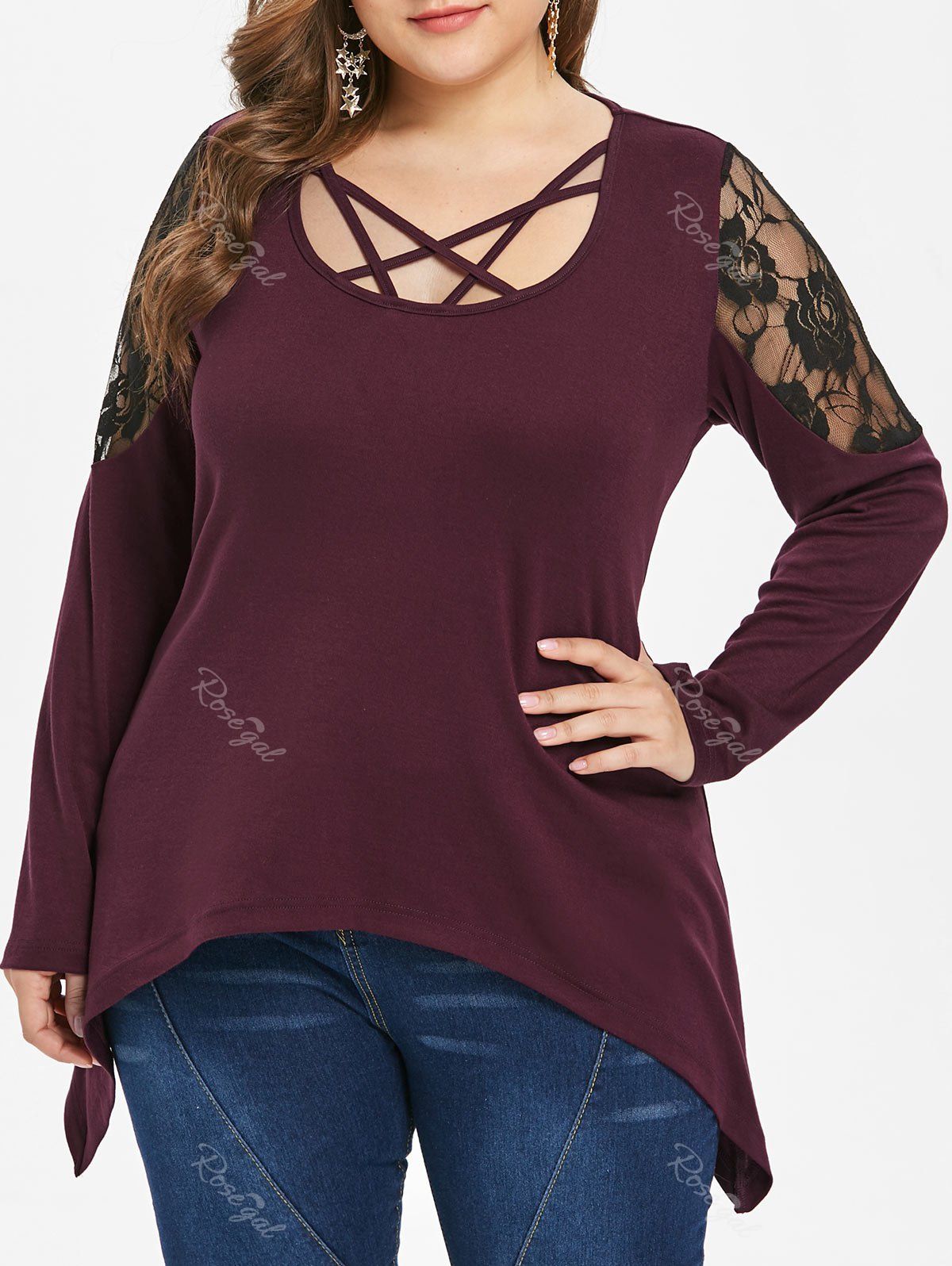 

Plus Size Lace Insert Criss Cross Asymmetrical T-shirt, Plum velvet