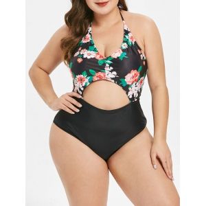 

Halter Neck Floral Print Plus Size Swimwear, Black