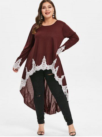 

Plus Size High Low Asymmetric T Shirt with Lace, Red wine