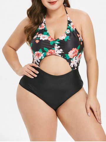 rosegal Halter Neck Floral Print Plus Size Swimwear