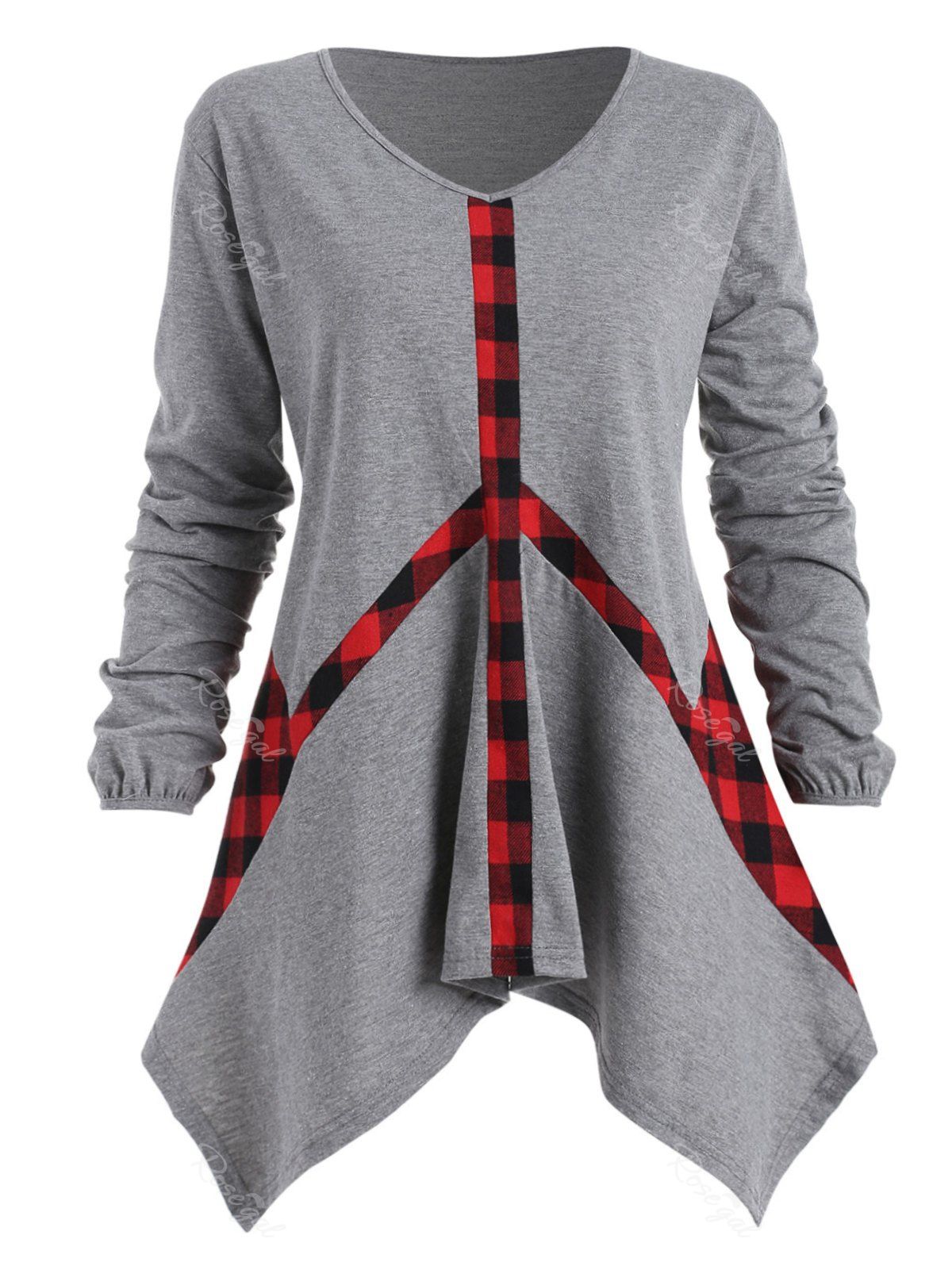 

V Neck Plus Size Plaid Panel Asymmetrical T-shirt, Gray