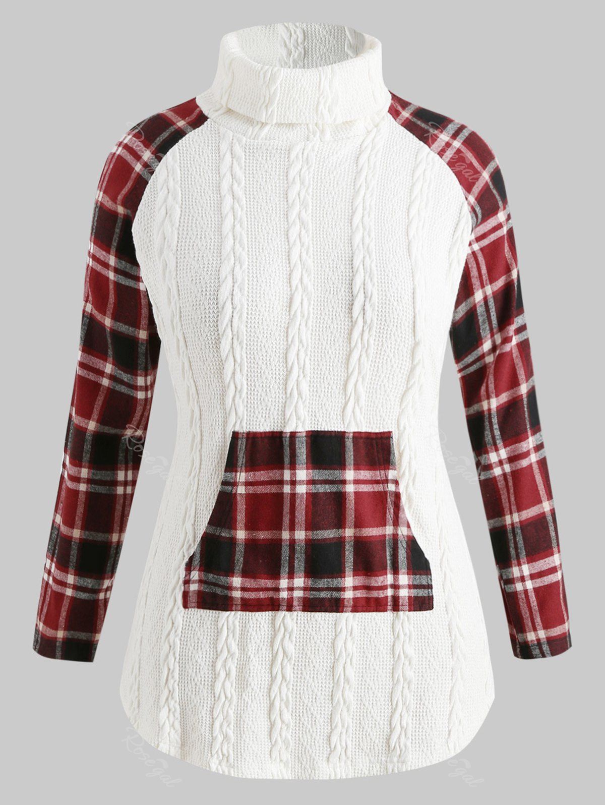 

Plus Size Plaid Panel Cable Knit Sweater, White