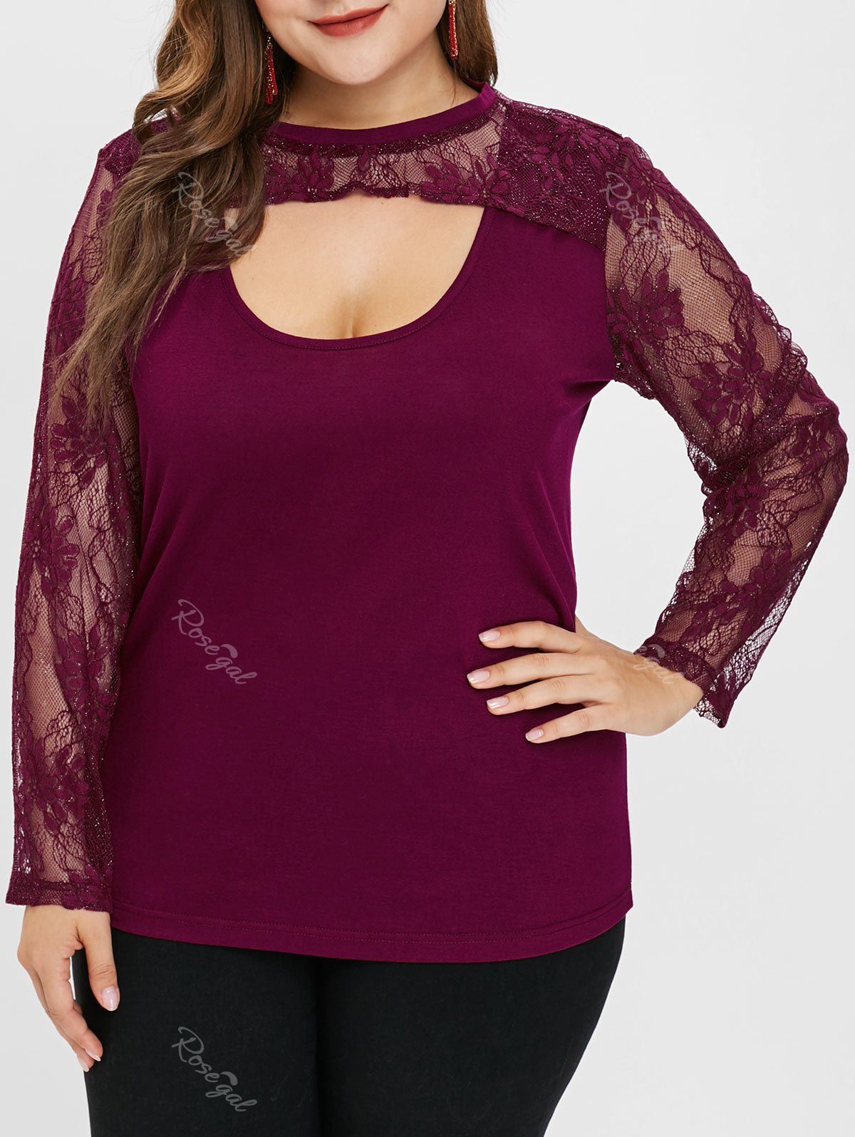 

Plus Size Long Sleeves Lace Panel Tee with Cutout, Red wine