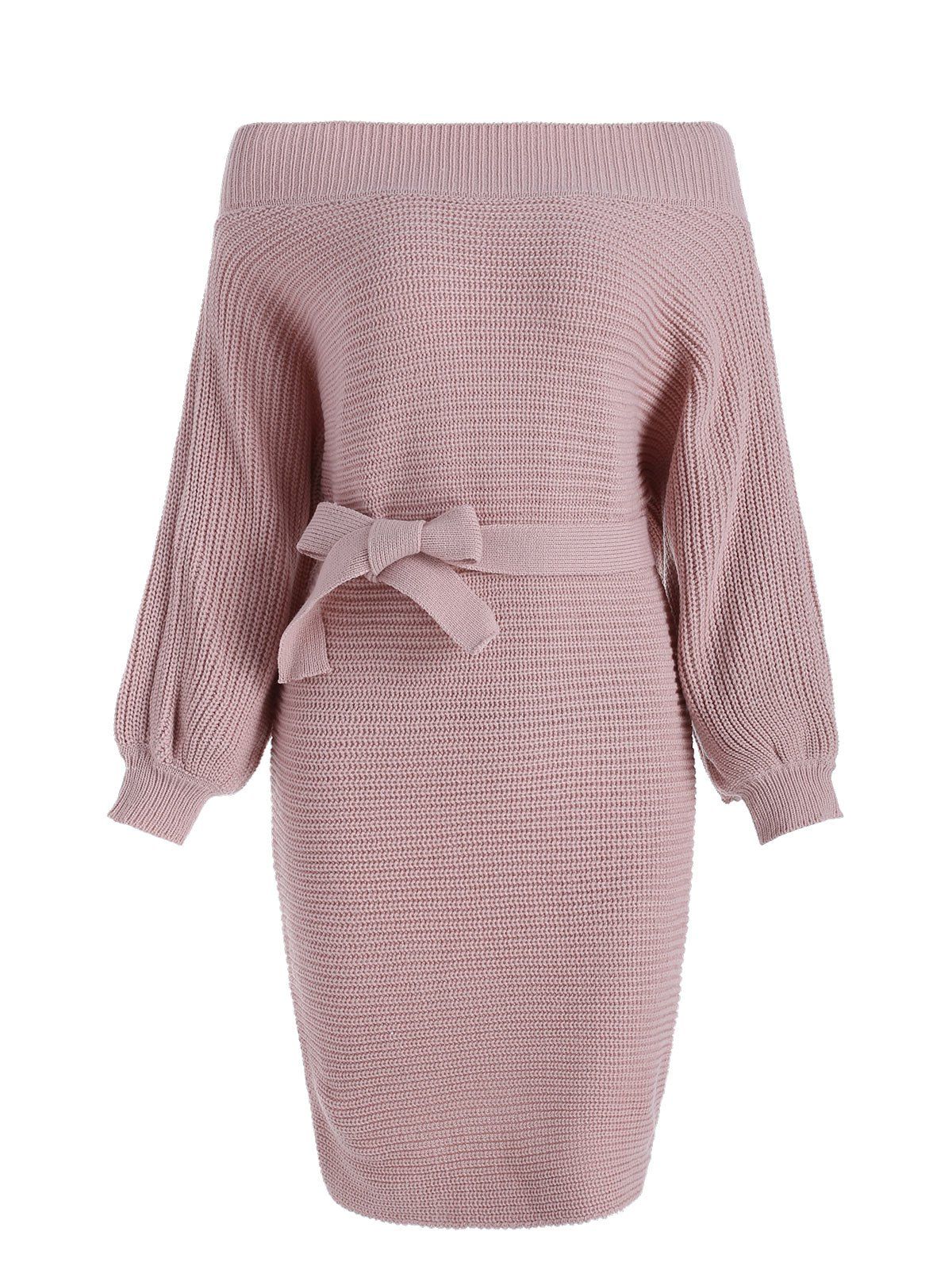 

Off Shoulder Belted Longline Sweater, Pink rose