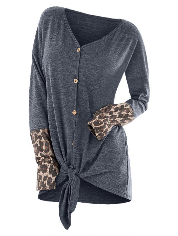 

Leopard Print Panel Knotted Cardigan, Dark gray