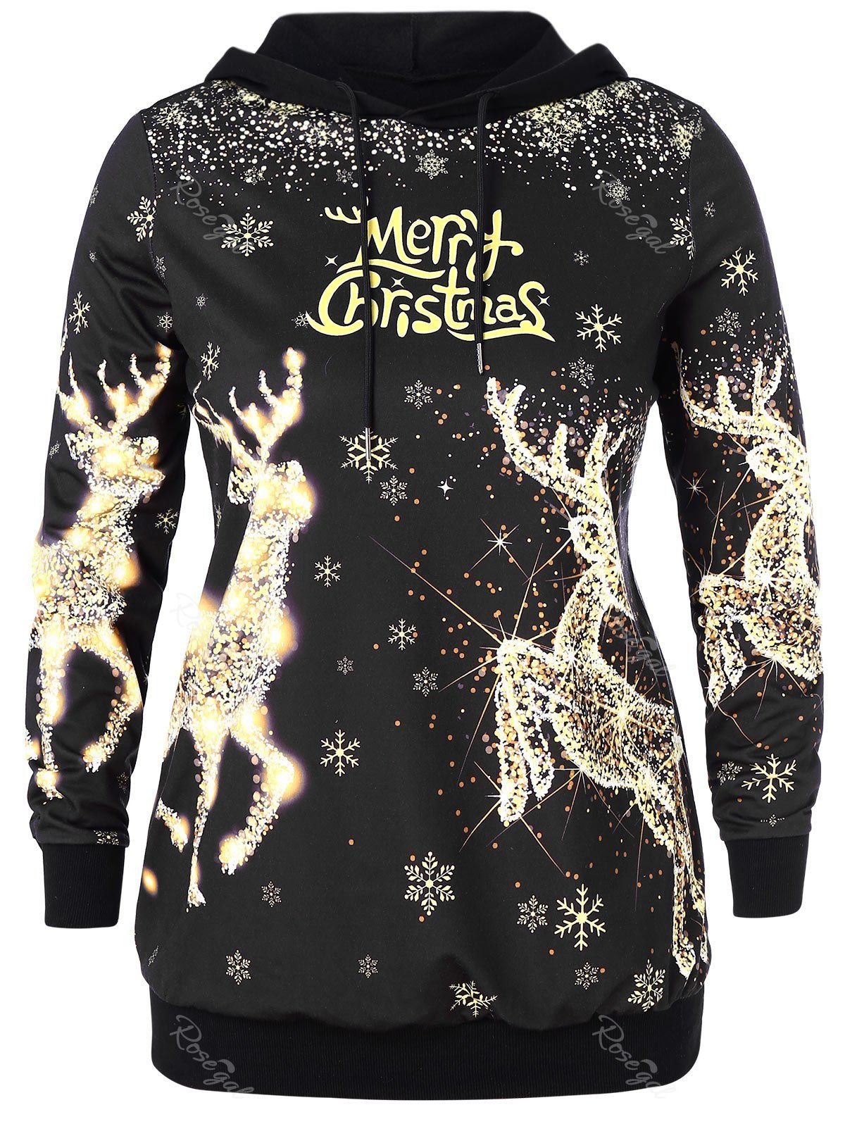 

Christmas Elk and Letter Print Plus Size Hoodie, Black