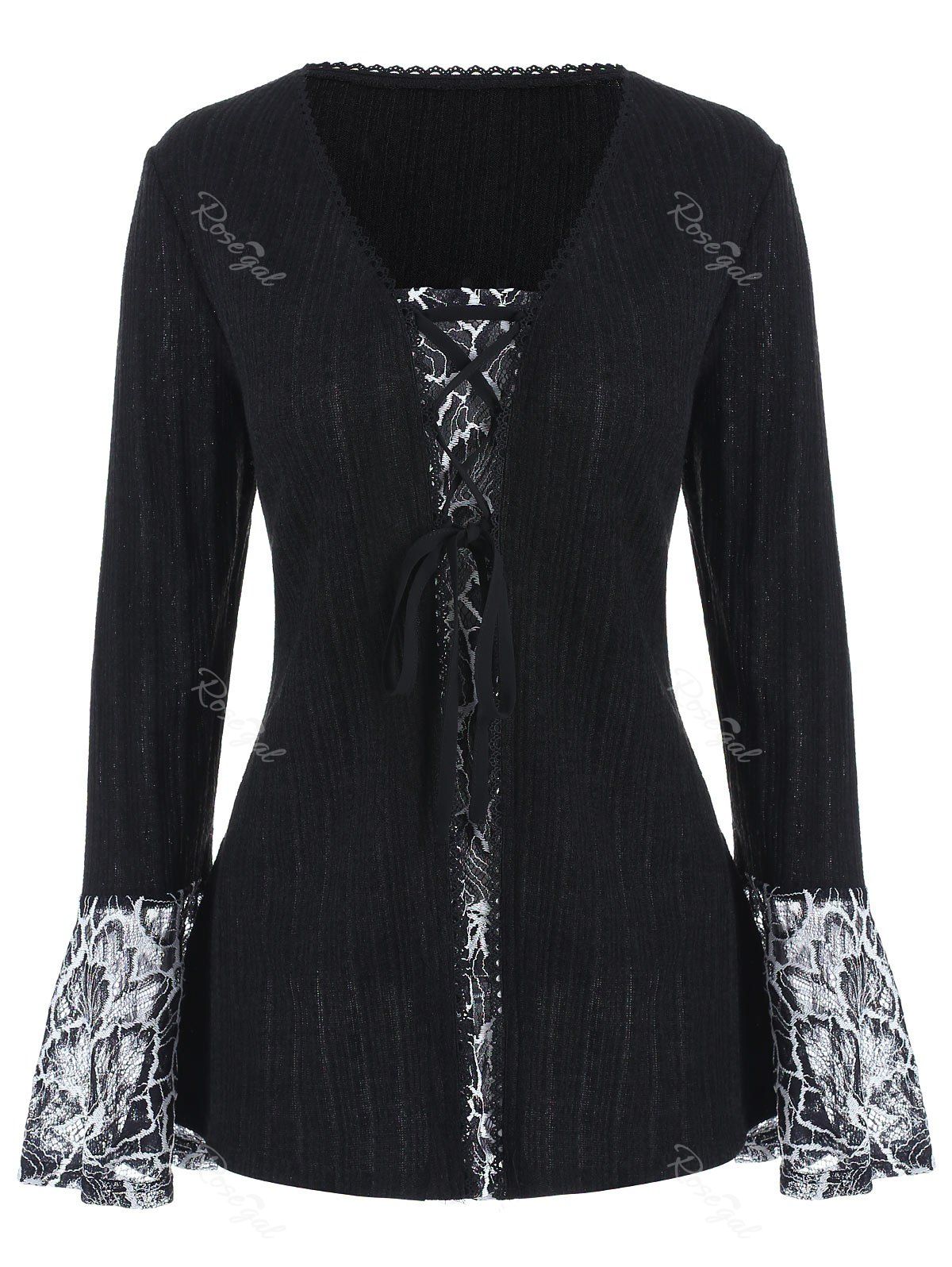 

Plus Size Lace Up Printed Sweater, Black