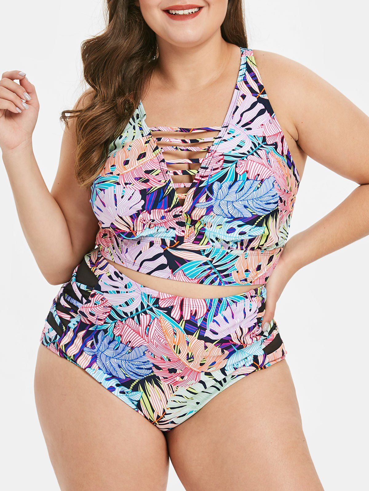 

Ladder Cut Out Plus Size Printed Bikini Set, Multi