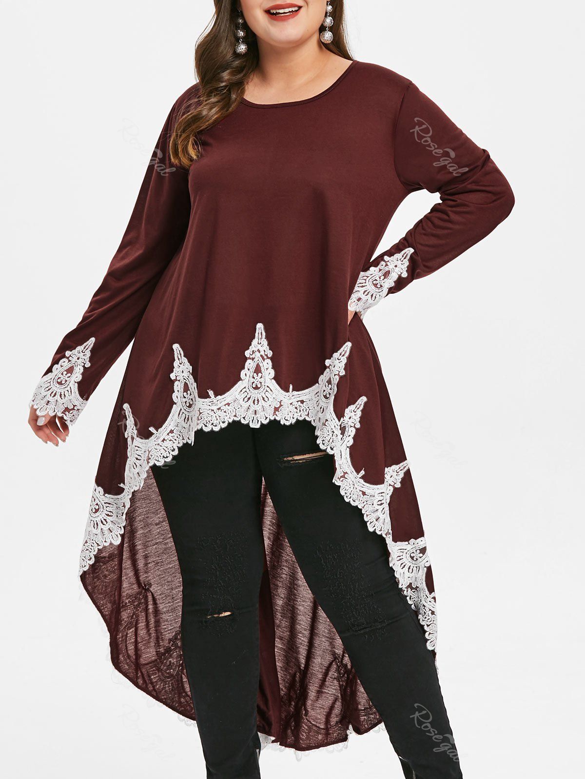 

Plus Size High Low Asymmetric T Shirt with Lace, Red wine