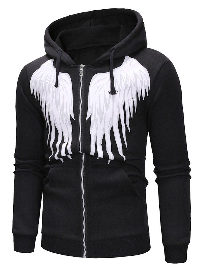 

Angel Wings Print Zipper Drawstring Hoodie, Black