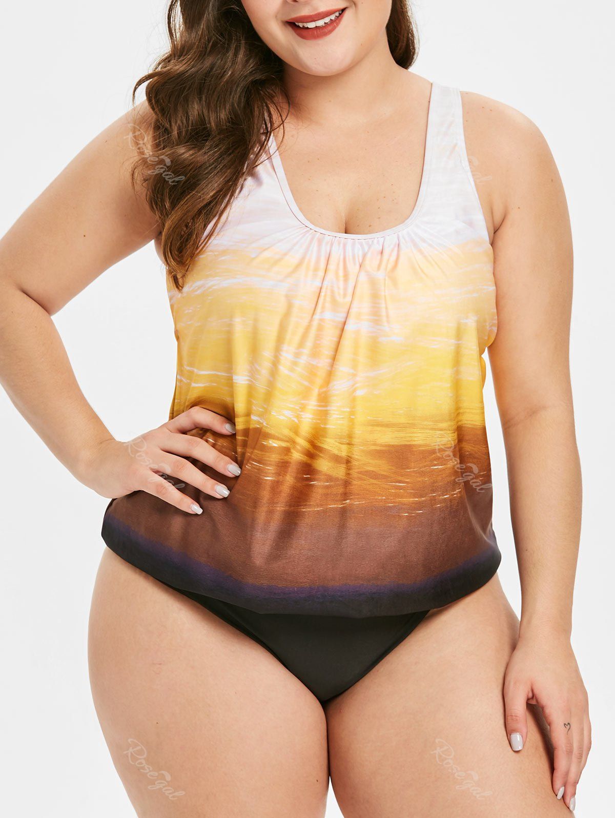 

Ombre Print Plus Size Padded Tankini Set, Yellow