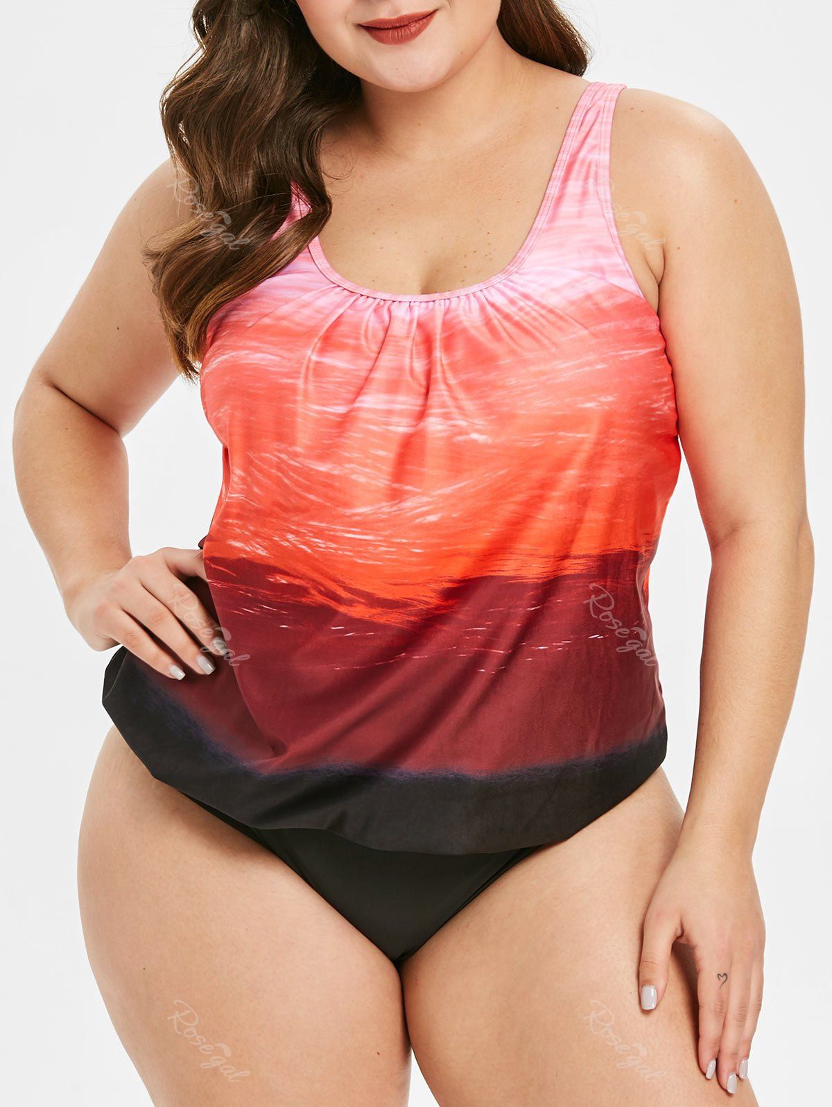 

Ombre Print Plus Size Padded Tankini Set, Pumpkin orange
