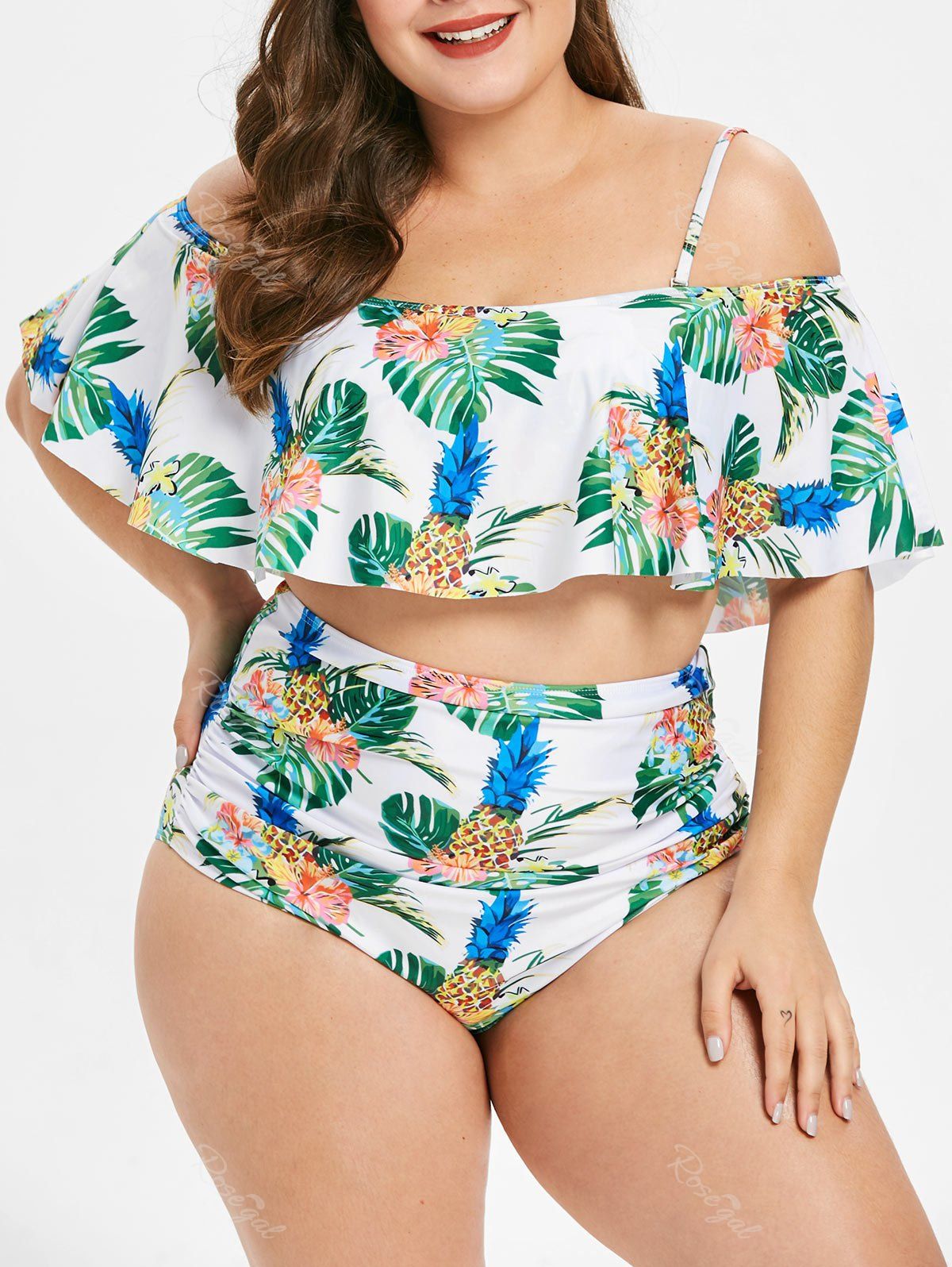 

Spaghetti Strap Pineapple Print Plus Size Tankini Set, Multi