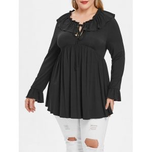 

Plus Size Flare Sleeve Pleated Flounce T-shirt, Black